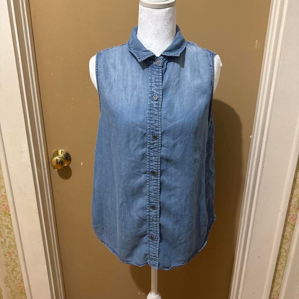 Blue denim sleeveless button up shirt